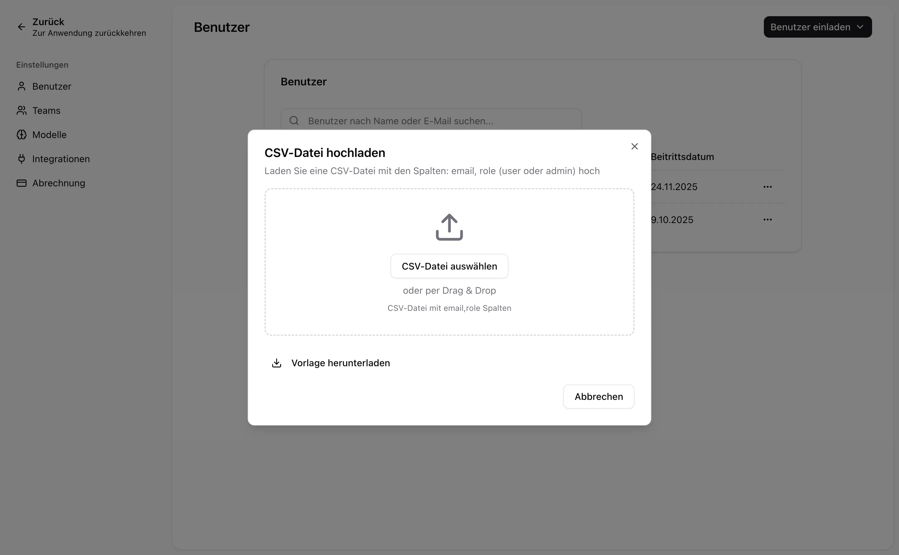 Masseneinladungsdialog mit CSV-Upload und Vorschau