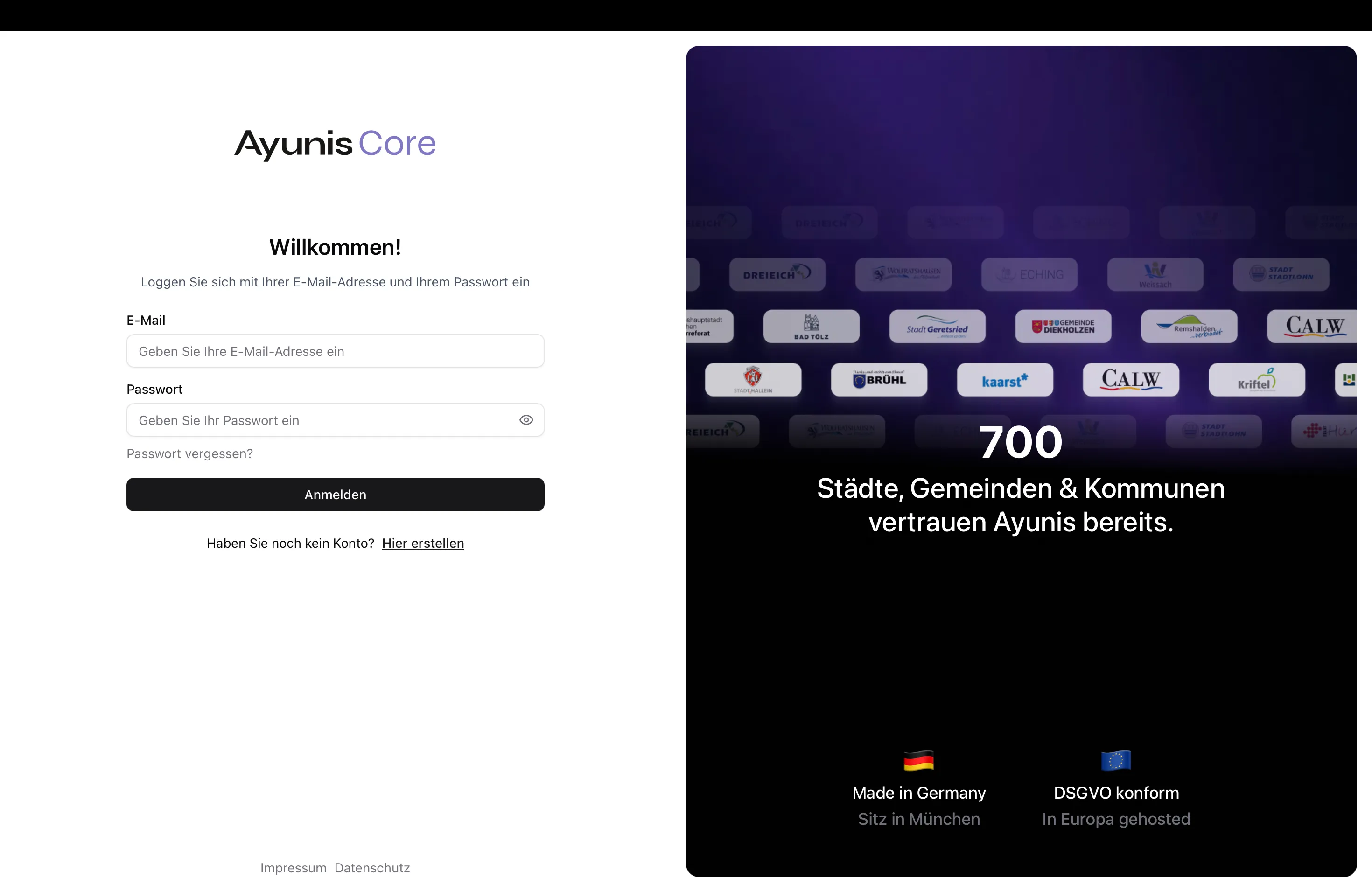 Die Anmeldeseite von Ayunis Core mit den Eingabefeldern für E-Mail-Adresse und Passwort sowie der Schaltfläche „Anmelden".