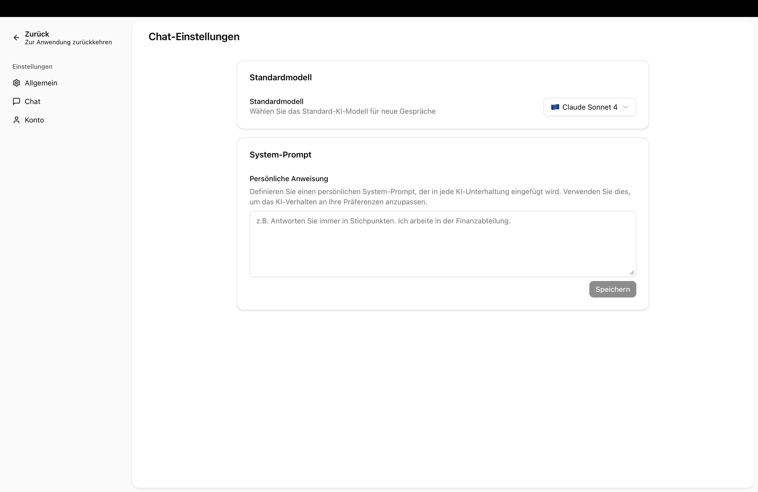 Die Chat-Einstellungen mit der Auswahl des Standardmodells und dem Textfeld für den persönlichen System-Prompt.